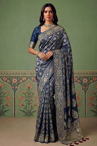 Blue wedding season specail pashmina silk blend saree with traditional rich looks