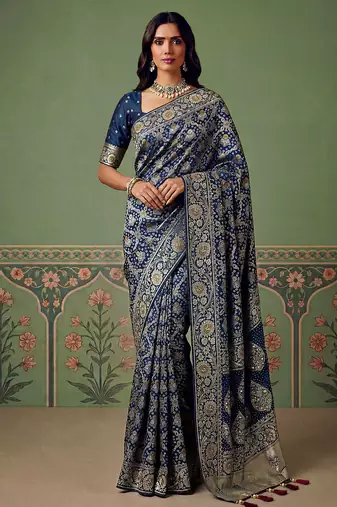 Blue wedding season specail pashmina silk blend saree with traditional rich looks