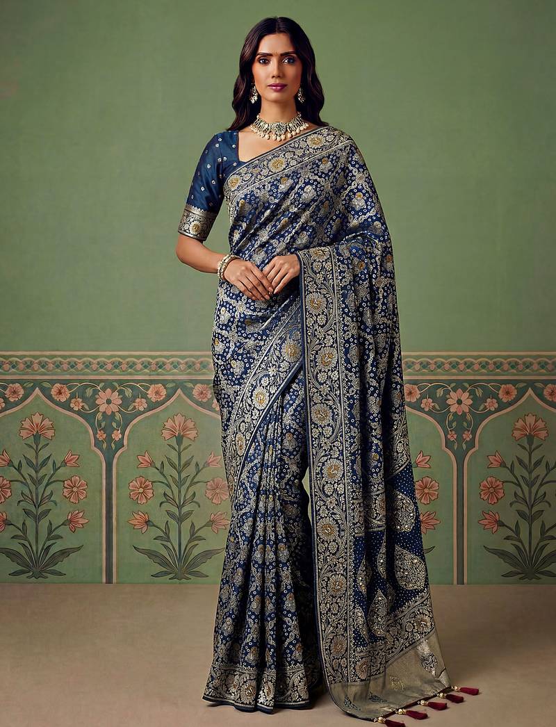 Blue wedding season specail pashmina silk blend saree with traditional rich looks