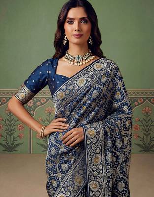 Blue wedding season specail pashmina silk blend saree with traditional rich looks 3
