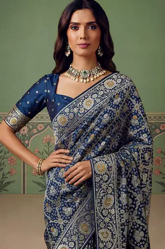 Blue wedding season specail pashmina silk blend saree with traditional rich looks