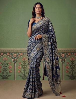 Blue wedding season specail pashmina silk blend saree with traditional rich looks 4
