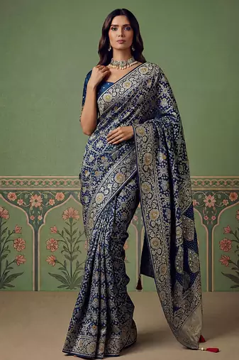 Blue wedding season specail pashmina silk blend saree with traditional rich looks