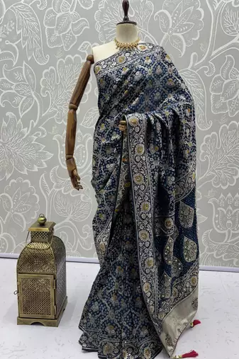 Blue wedding season specail pashmina silk blend saree with traditional rich looks