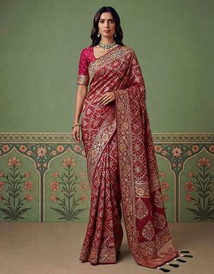 Maroon wedding season specail pashmina silk blend saree with traditional rich looks 1