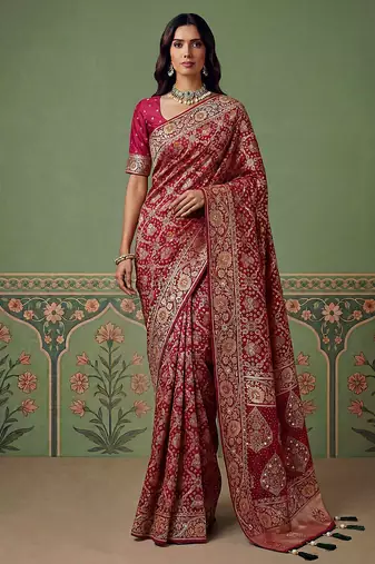 Maroon wedding season specail pashmina silk blend saree with traditional rich looks