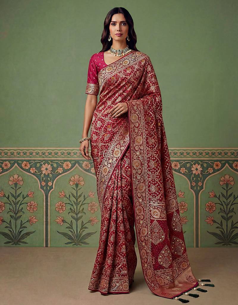 Maroon wedding season specail pashmina silk blend saree with traditional rich looks