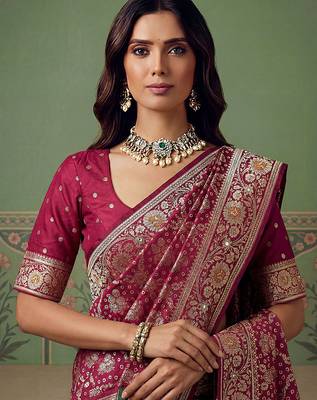 Maroon wedding season specail pashmina silk blend saree with traditional rich looks 3