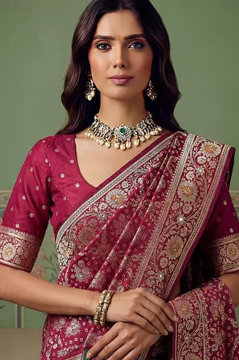 Maroon wedding season specail pashmina silk blend saree with traditional rich looks