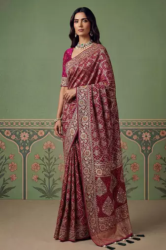 Maroon wedding season specail pashmina silk blend saree with traditional rich looks