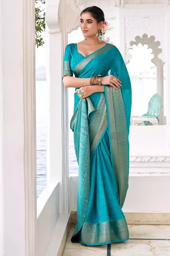 Firozi woven chinon traditional rich saree