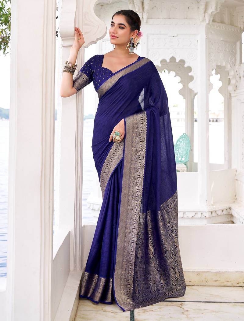 Blue woven chinon traditional rich saree