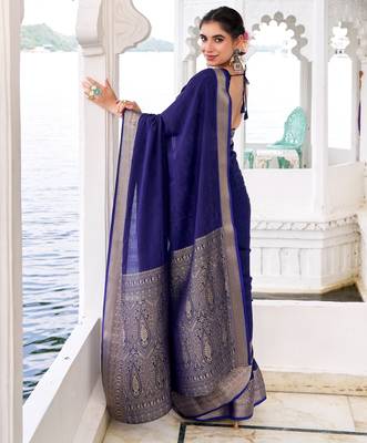Blue woven chinon traditional rich saree 2
