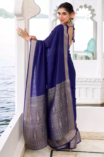 Blue woven chinon traditional rich saree