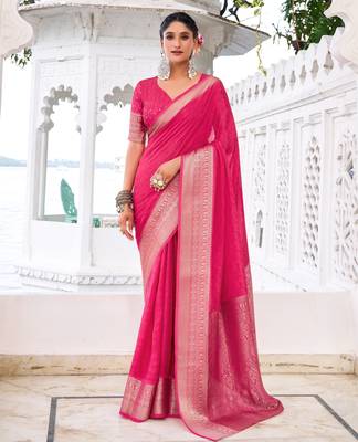 Pink woven chinon traditional rich saree 1