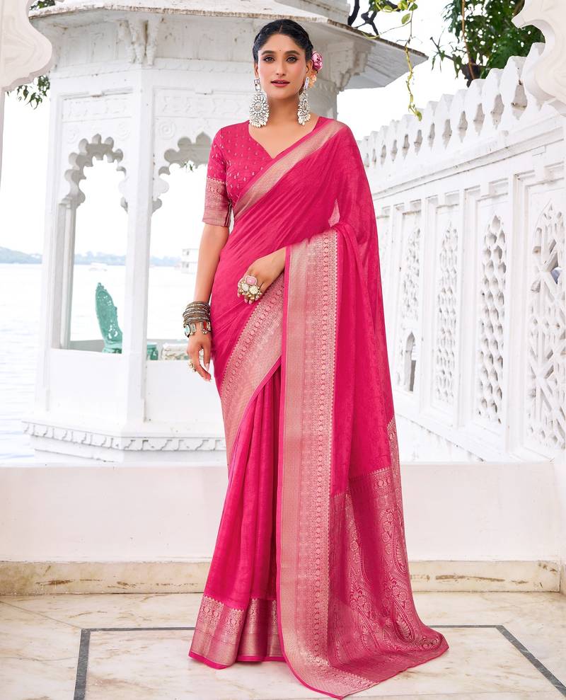 Pink woven chinon traditional rich saree