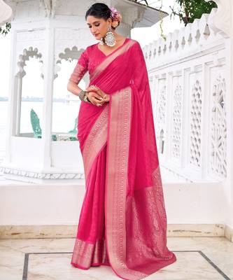 Pink woven chinon traditional rich saree 3