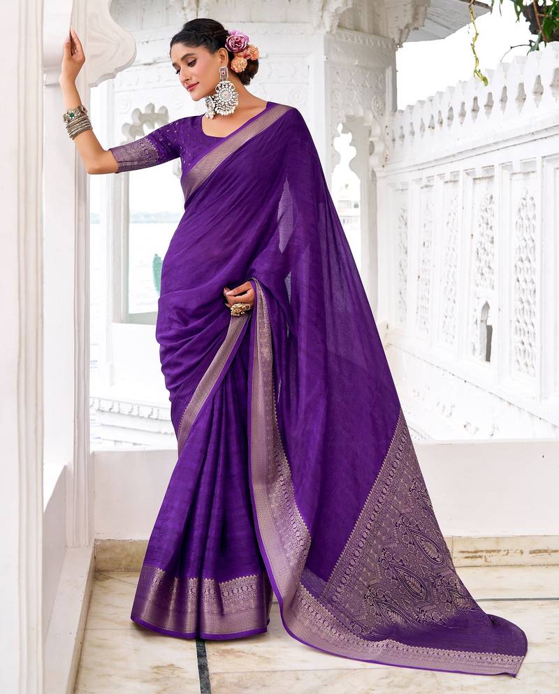 Purple woven chinon traditional rich saree