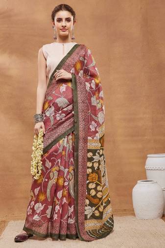Pink silk blend floral printed girlie rich looks fancy saree