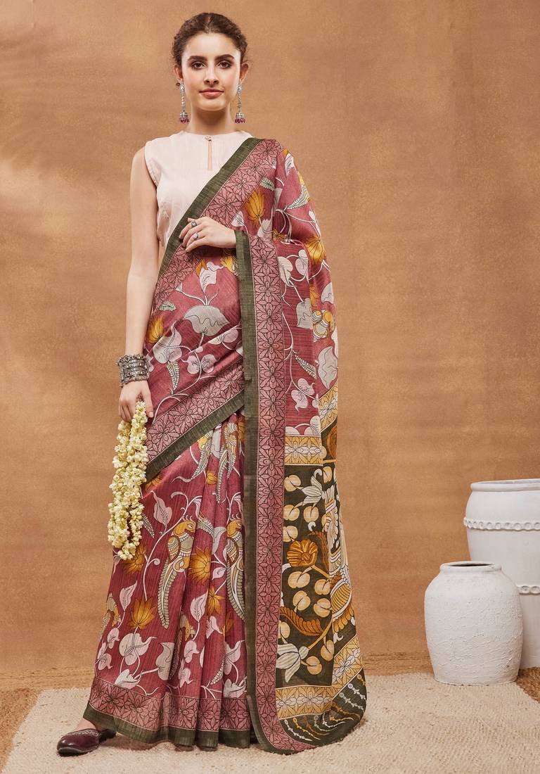 Pink silk blend floral printed girlie rich looks fancy saree