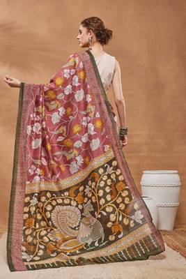 Pink silk blend floral printed girlie rich looks fancy saree 2