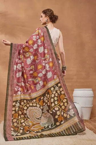 Pink silk blend floral printed girlie rich looks fancy saree