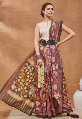 Pink silk blend floral printed girlie rich looks fancy saree 4