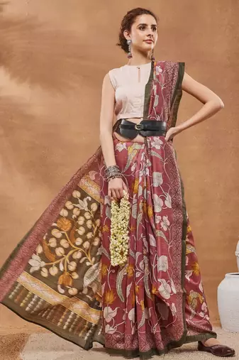 Pink silk blend floral printed girlie rich looks fancy saree