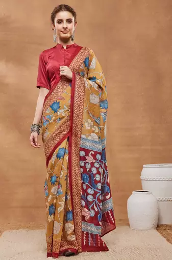 Mustard silk blend floral printed girlie rich looks fancy saree