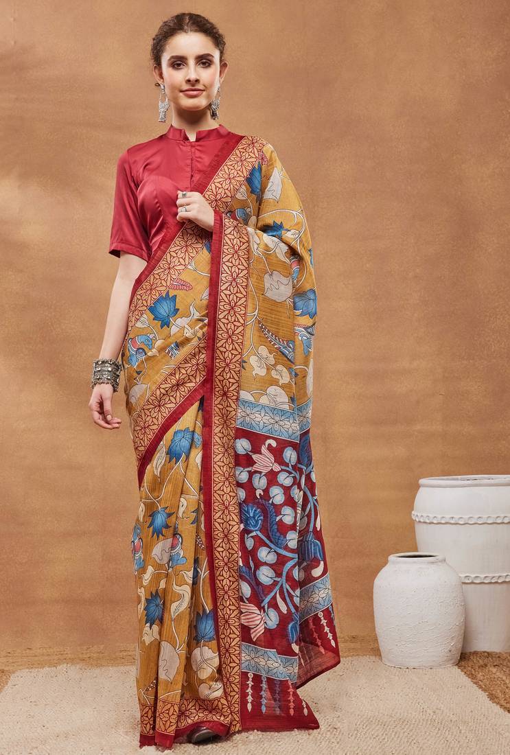 Mustard silk blend floral printed girlie rich looks fancy saree