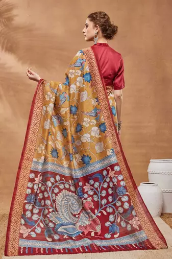Mustard silk blend floral printed girlie rich looks fancy saree