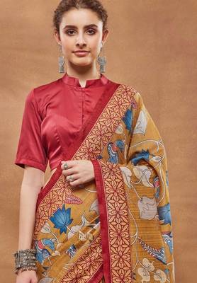 Mustard silk blend floral printed girlie rich looks fancy saree 3