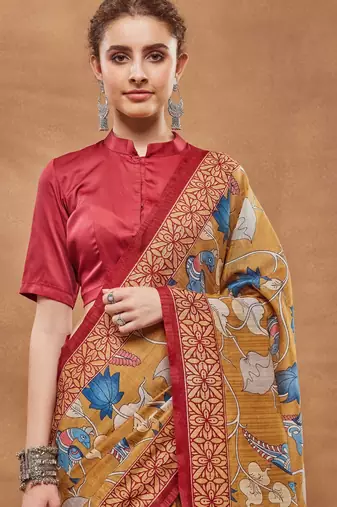 Mustard silk blend floral printed girlie rich looks fancy saree