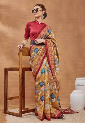 Mustard silk blend floral printed girlie rich looks fancy saree 4