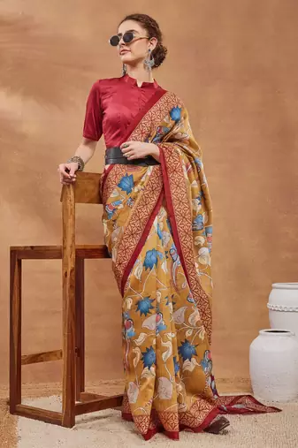 Mustard silk blend floral printed girlie rich looks fancy saree