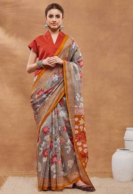 Grey silk blend floral printed girlie rich looks fancy saree 1