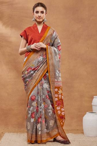 Grey silk blend floral printed girlie rich looks fancy saree
