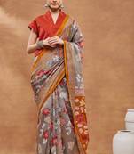 Grey silk blend floral printed girlie rich looks fancy saree