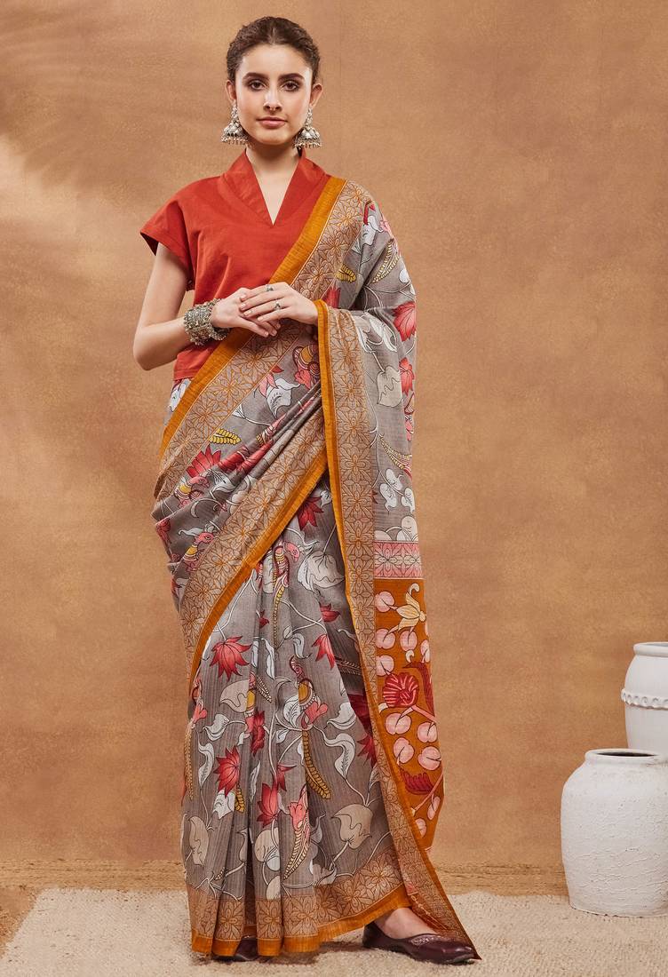 Grey silk blend floral printed girlie rich looks fancy saree
