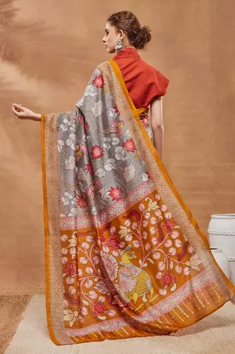 Grey silk blend floral printed girlie rich looks fancy saree