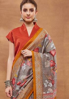 Grey silk blend floral printed girlie rich looks fancy saree 3