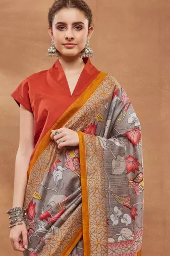 Grey silk blend floral printed girlie rich looks fancy saree