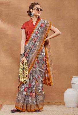 Grey silk blend floral printed girlie rich looks fancy saree 4
