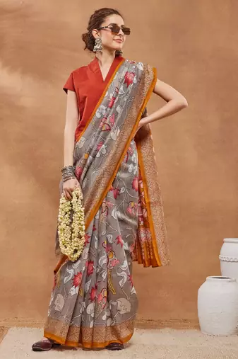 Grey silk blend floral printed girlie rich looks fancy saree