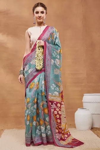 Turquoise silk blend floral printed girlie rich looks fancy saree