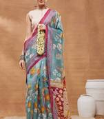 Turquoise silk blend floral printed girlie rich looks fancy saree