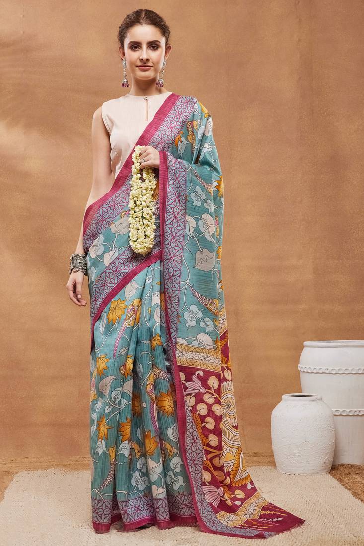 Turquoise silk blend floral printed girlie rich looks fancy saree