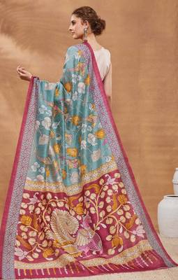 Turquoise silk blend floral printed girlie rich looks fancy saree 2