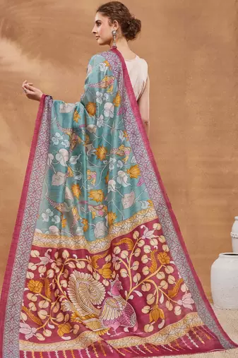 Turquoise silk blend floral printed girlie rich looks fancy saree