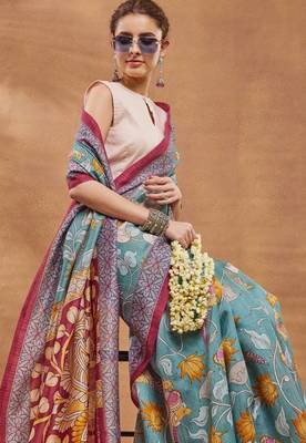 Turquoise silk blend floral printed girlie rich looks fancy saree 3